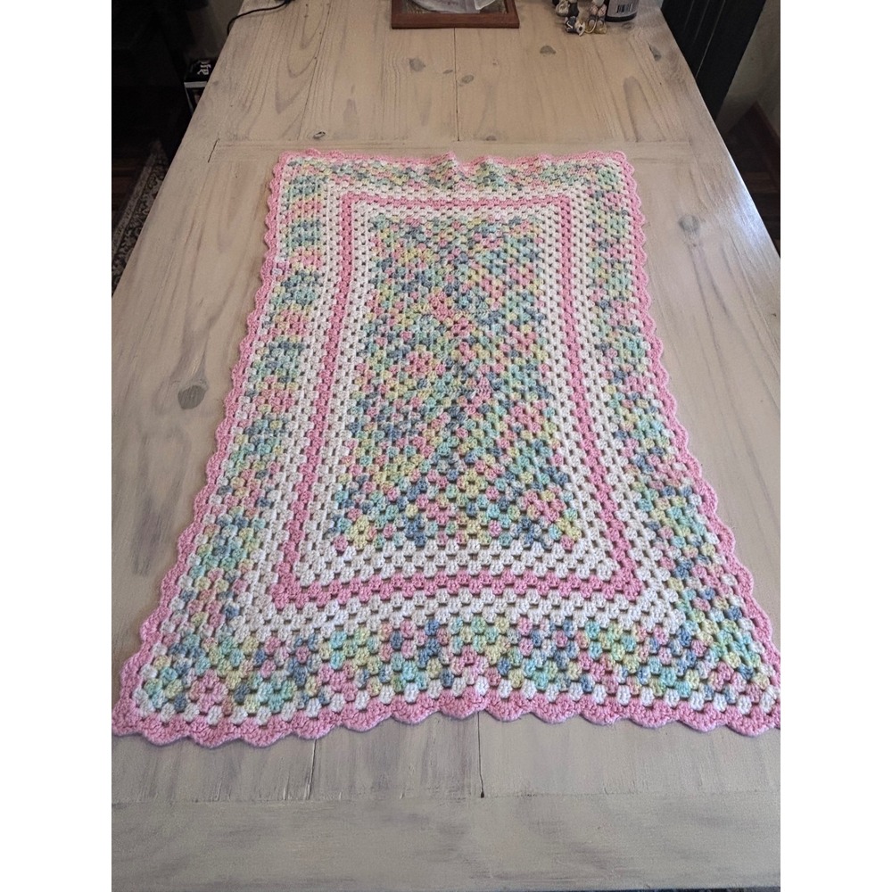 Handmade Crochet Baby Blanket Pastel Pink Blue Yellow Granny Square 25x36